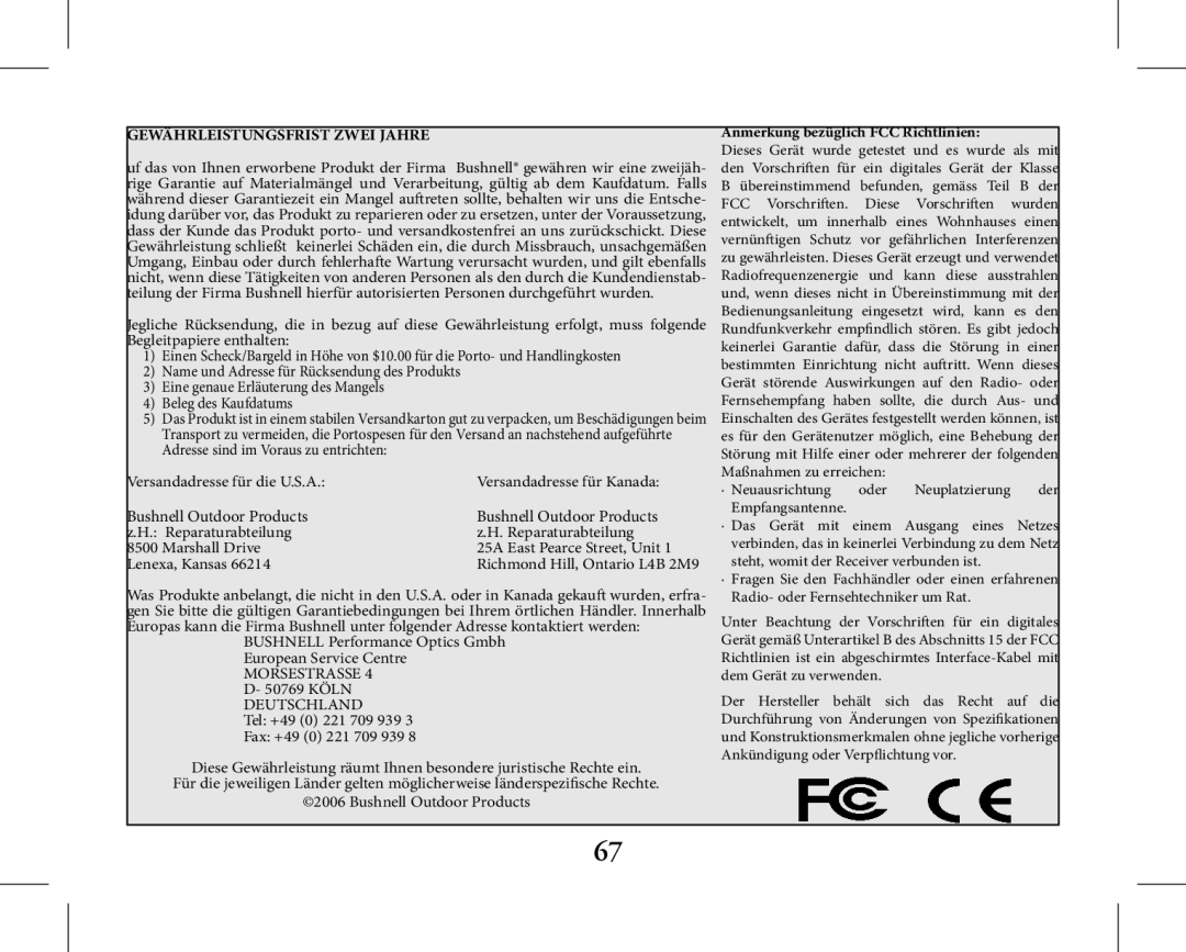 Bushnell 11-1027, 11-1026 instruction manual Gewährleistungsfrist Zwei Jahre, Anmerkung bezüglich FCC Richtlinien 