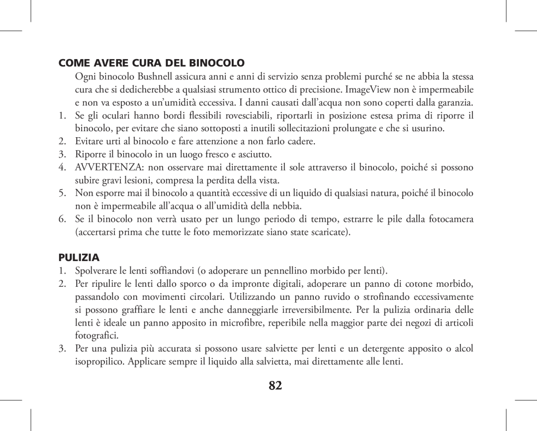 Bushnell 11-1026, 11-1027 instruction manual Come Avere Cura Del Binocolo, Pulizia 