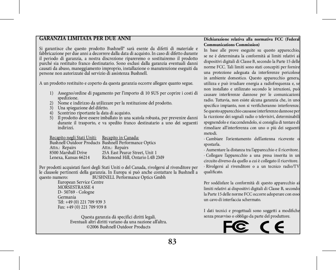 Bushnell 11-1027, 11-1026 instruction manual Garanzia Limitata Per Due Anni 