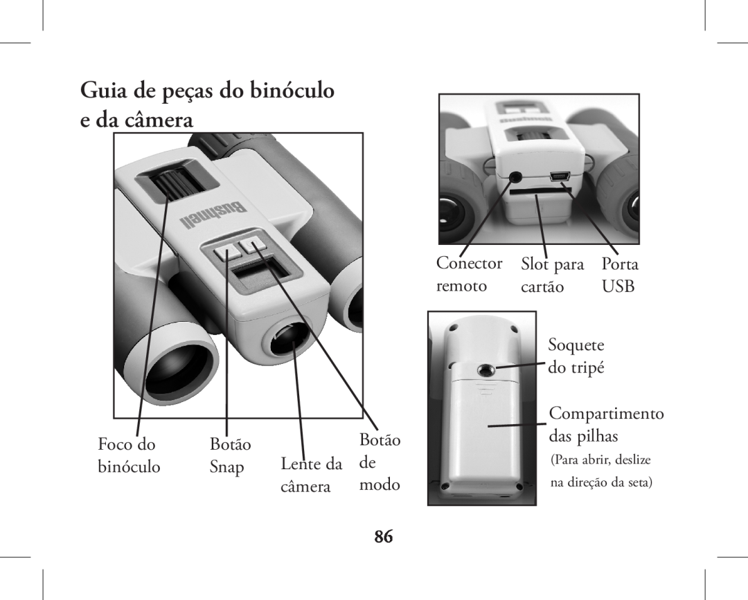 Bushnell 11-1026, 11-1027 instruction manual Guia de peças do binóculo e da câmera 