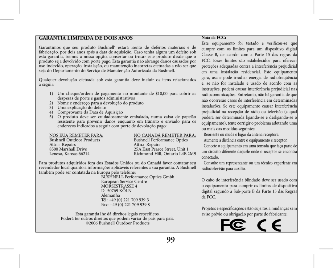 Bushnell 11-1027, 11-1026 instruction manual Garantia Limitada De Dois Anos, Nota da FCC 