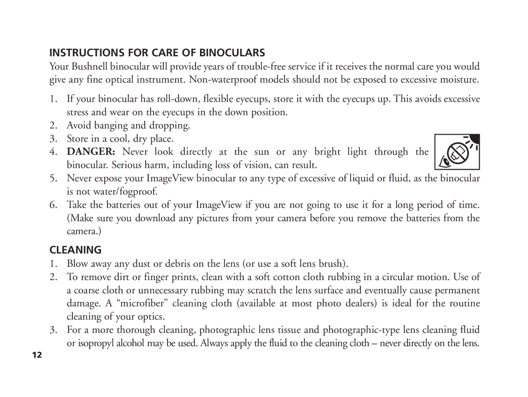 Bushnell 11-1210 manual Instructions for Care of Binoculars, Cleaning 