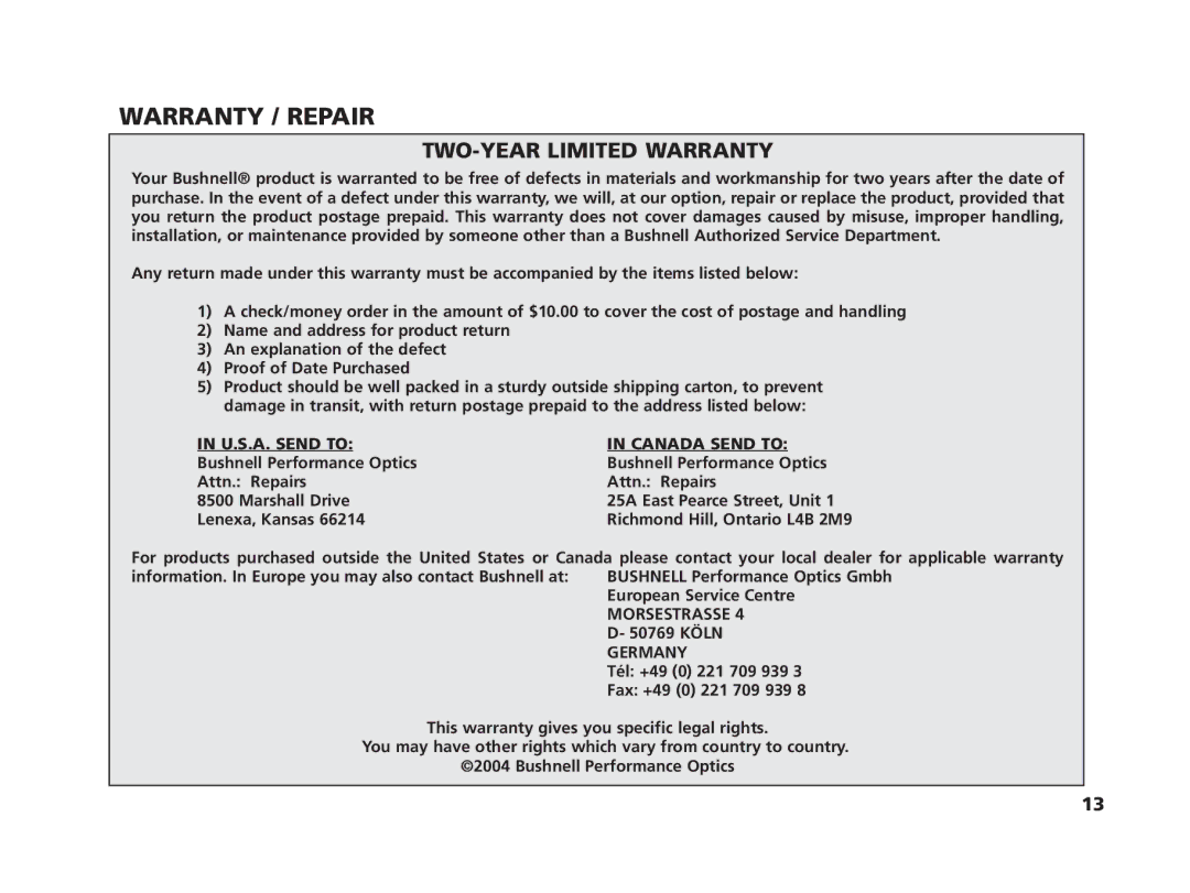 Bushnell 11-1210 manual Warranty / Repair, TWO-YEAR Limited Warranty 