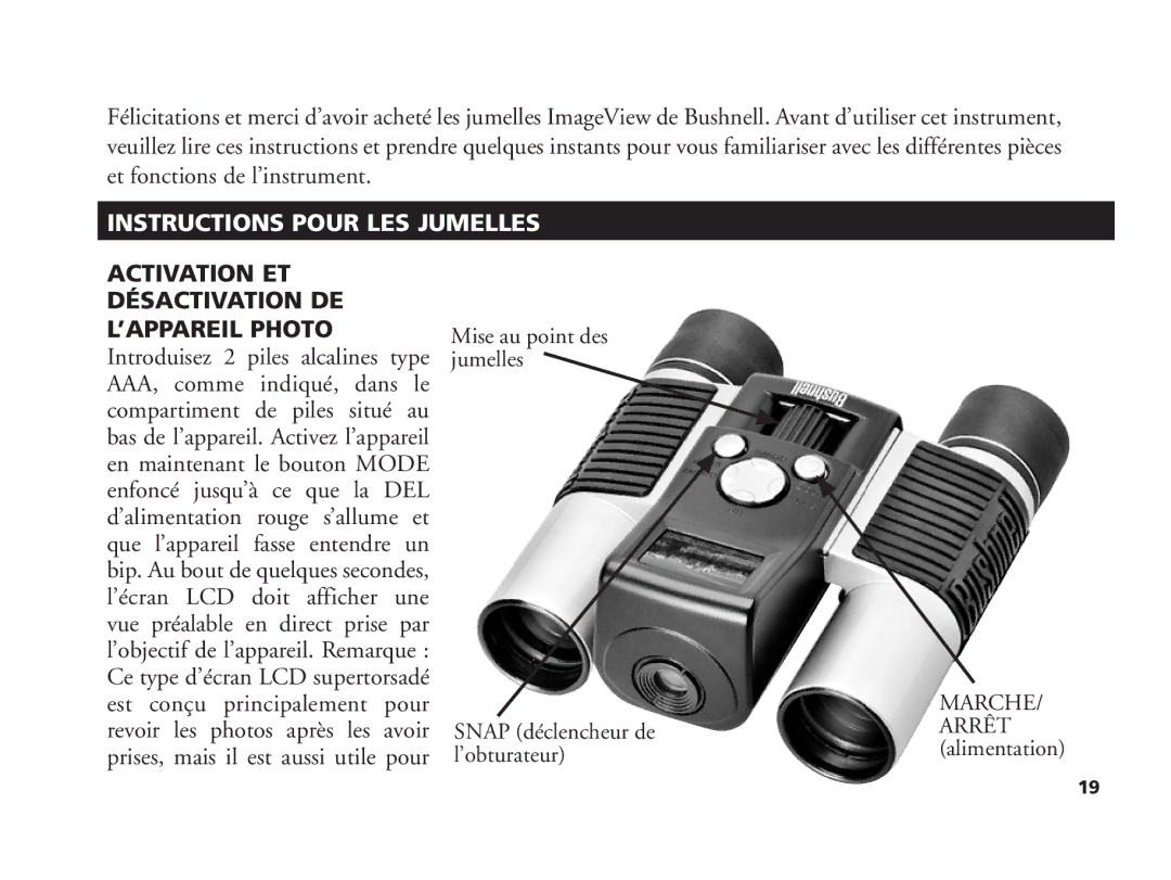 Bushnell 11-1210 manual Instructions Pour LES Jumelles, Activation ET Désactivation DE ’APPAREIL Photo 