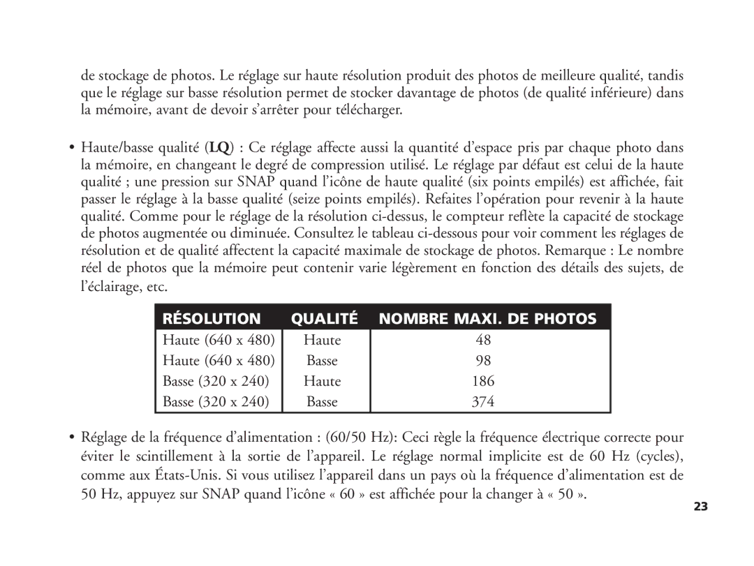 Bushnell 11-1210 manual Résolution, Haute 640 x Basse 320 x, Qualité Nombre MAXI. DE Photos 