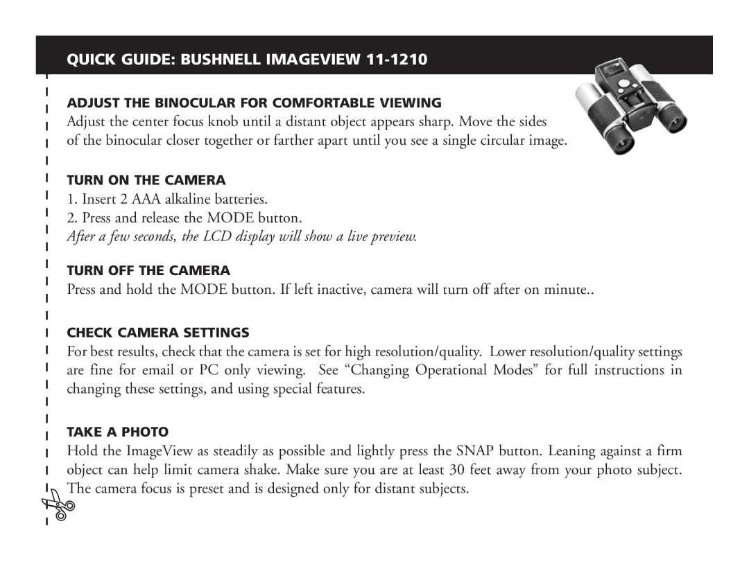 Bushnell 11-1210 manual Quick Guide Bushnell Imageview 