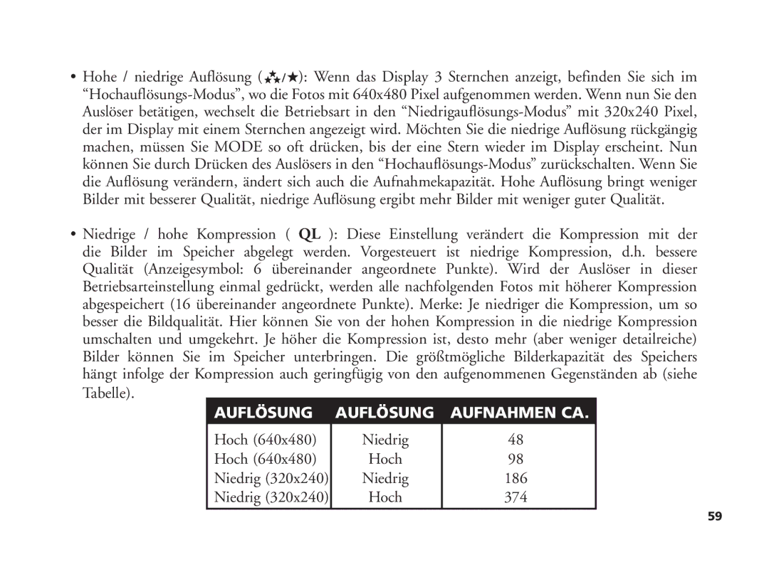 Bushnell 11-1210 manual Auflösung, Niedrig Hoch, Aufnahmen CA, 186 374 