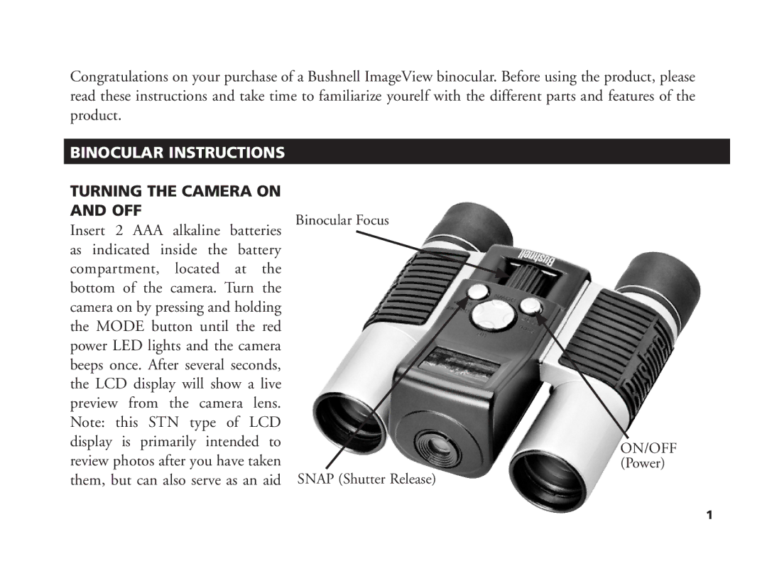 Bushnell 11-1210 manual Binocular Instructions, Turning the Camera on and OFF 