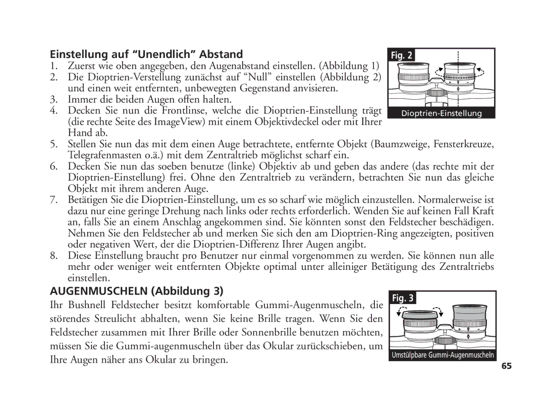 Bushnell 11-1210 manual Einstellung auf Unendlich Abstand, Augenmuscheln Abbildung 