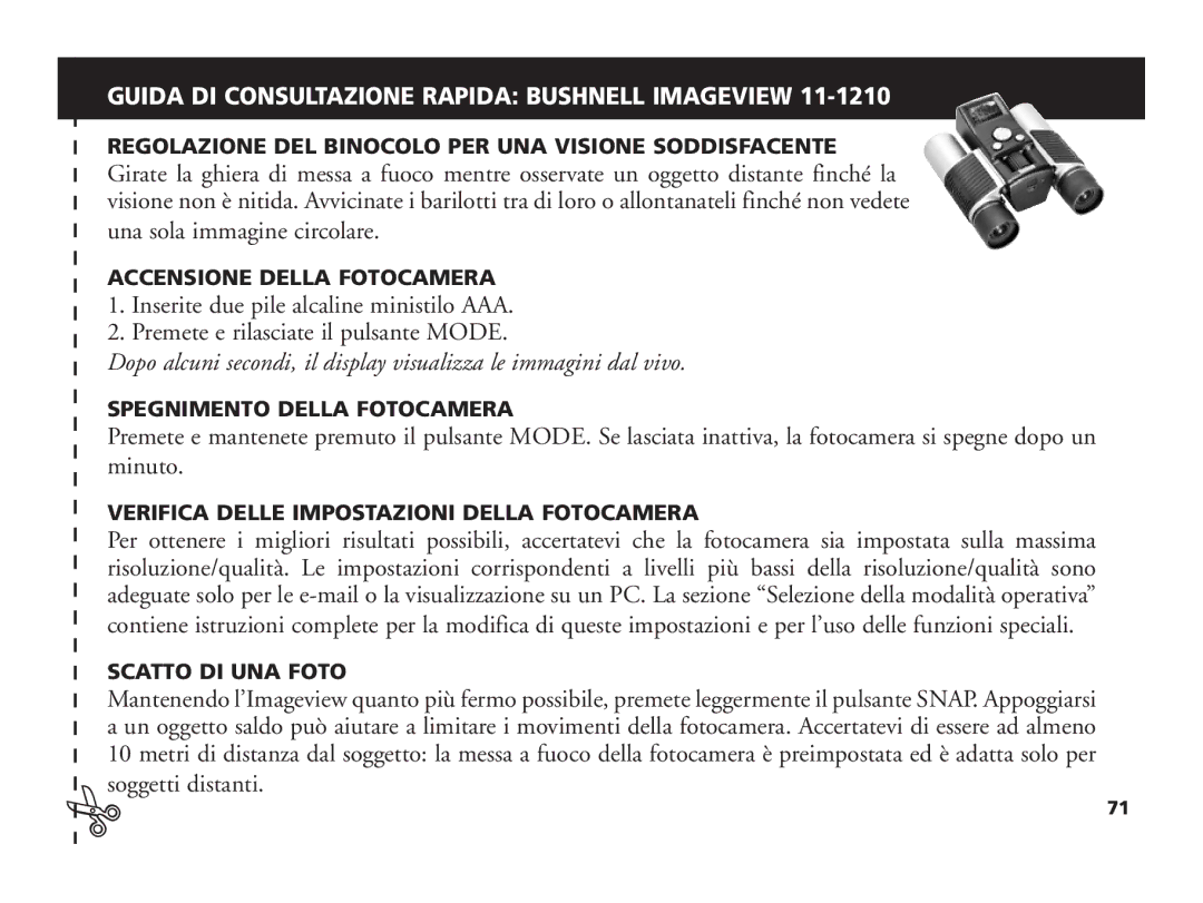 Bushnell 11-1210 manual Guida DI Consultazione Rapida Bushnell Imageview 