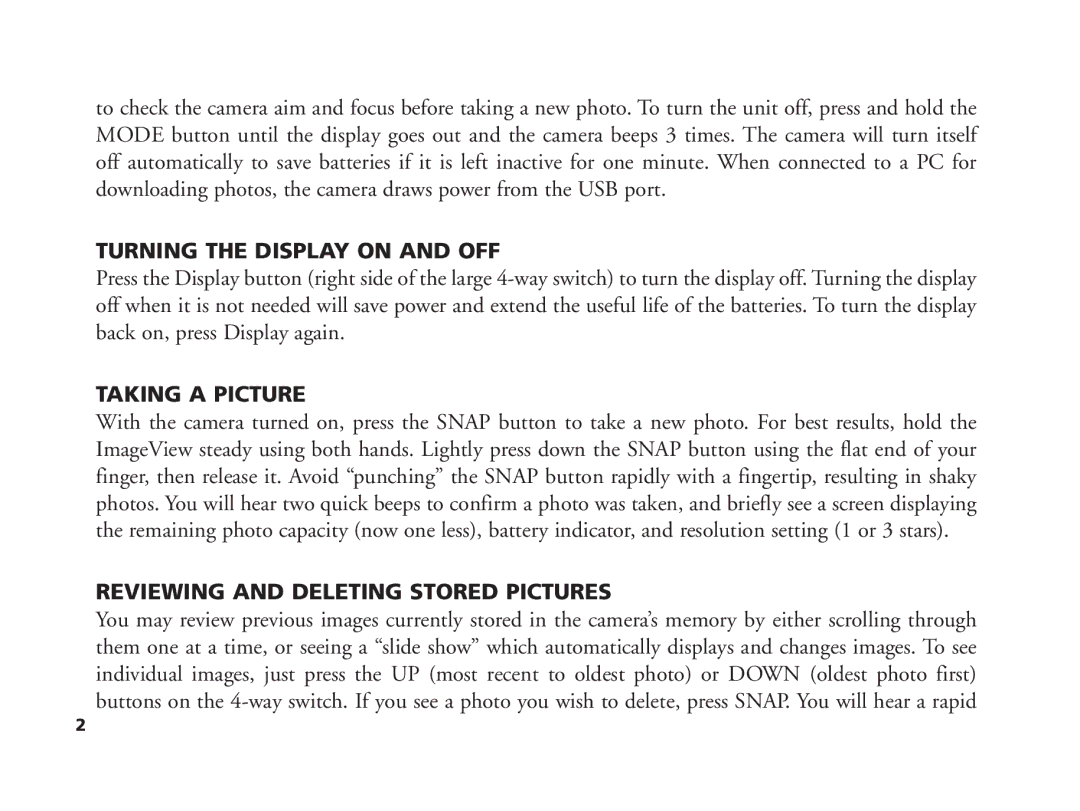 Bushnell 11-1210 manual Turning the Display on and OFF, Taking a Picture, Reviewing and Deleting Stored Pictures 