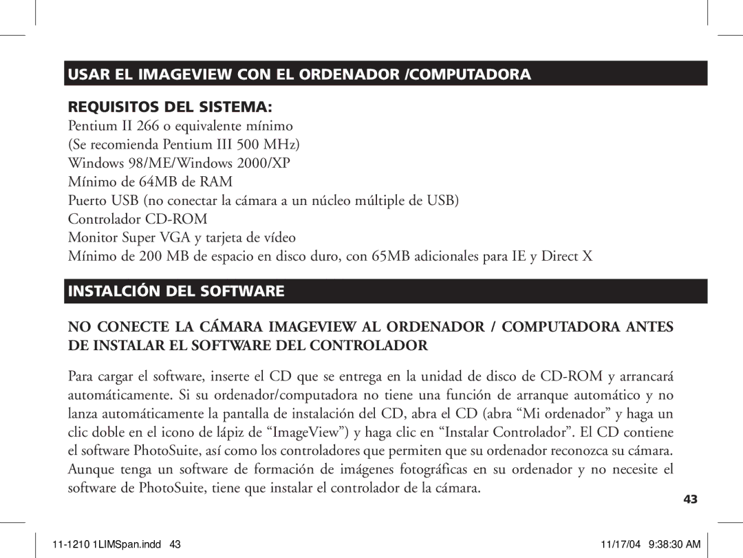 Bushnell 11-1210 manual Usar EL Imageview CON EL Ordenador /COMPUTADORA, Instalción DEL Software 