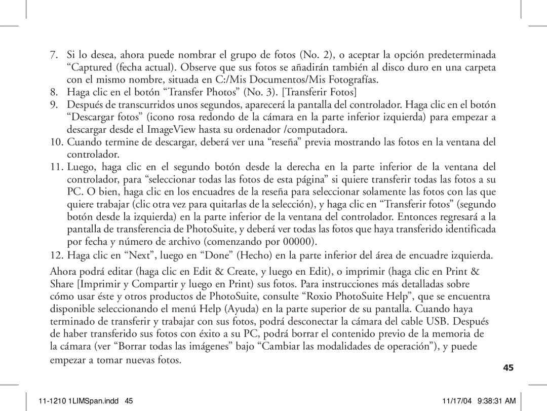 Bushnell 11-1210 manual Haga clic en el botón Transfer Photos No . Transferir Fotos 