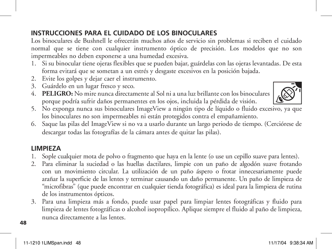 Bushnell 11-1210 manual Instrucciones Para EL Cuidado DE LOS Binoculares, Limpieza 