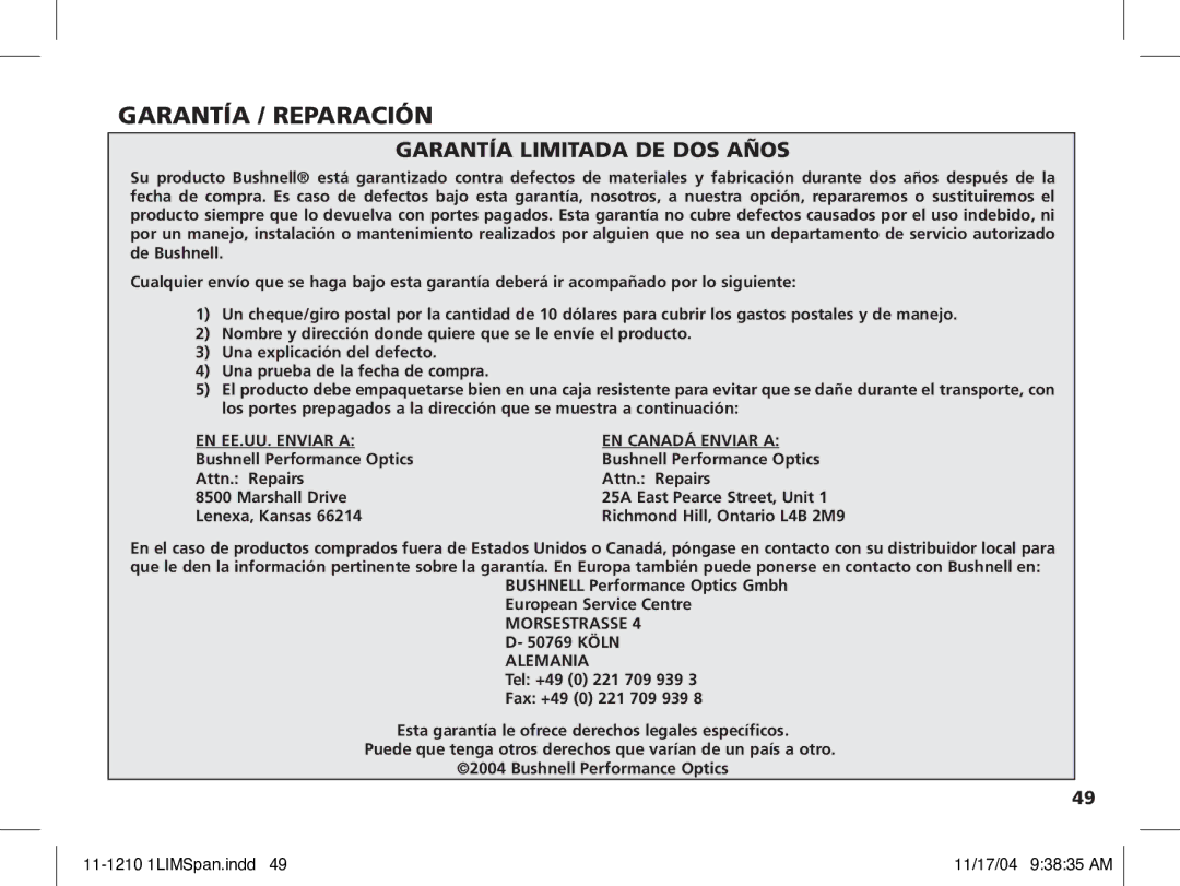 Bushnell 11-1210 manual Garantía / Reparación, Garantía Limitada DE DOS Años 