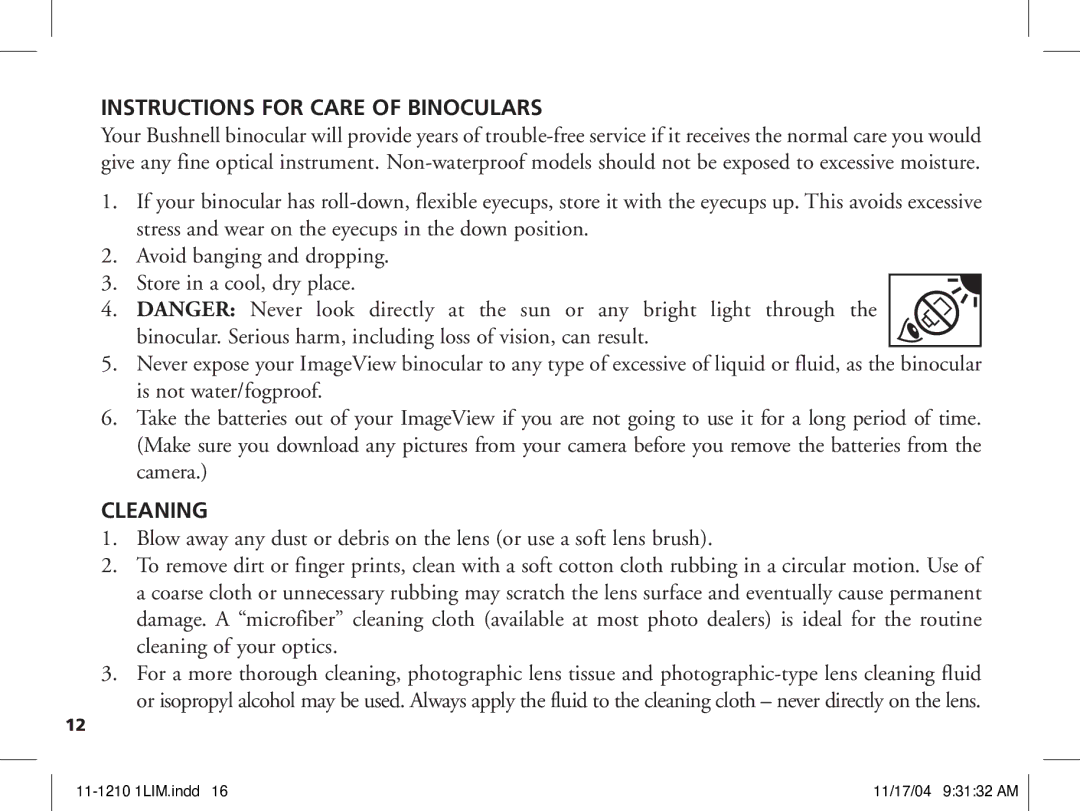 Bushnell 11-1210 manual Instructions for Care of Binoculars, Cleaning 