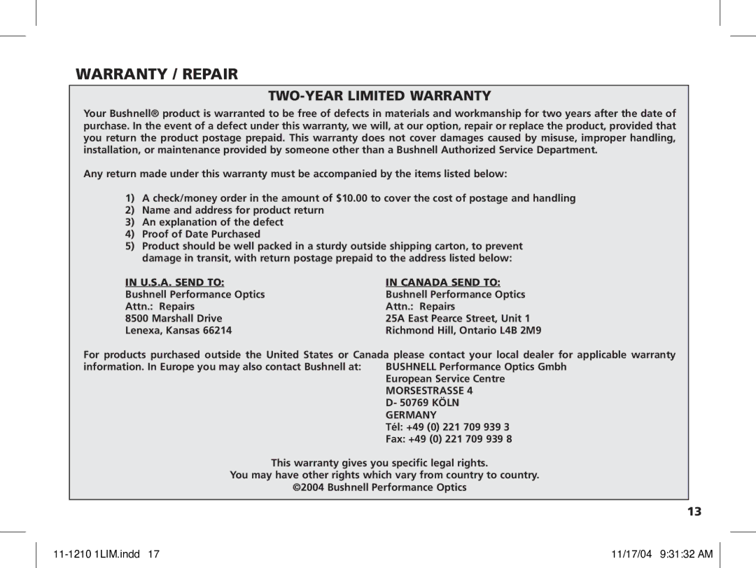 Bushnell 11-1210 manual Warranty / Repair, TWO-YEAR Limited Warranty 