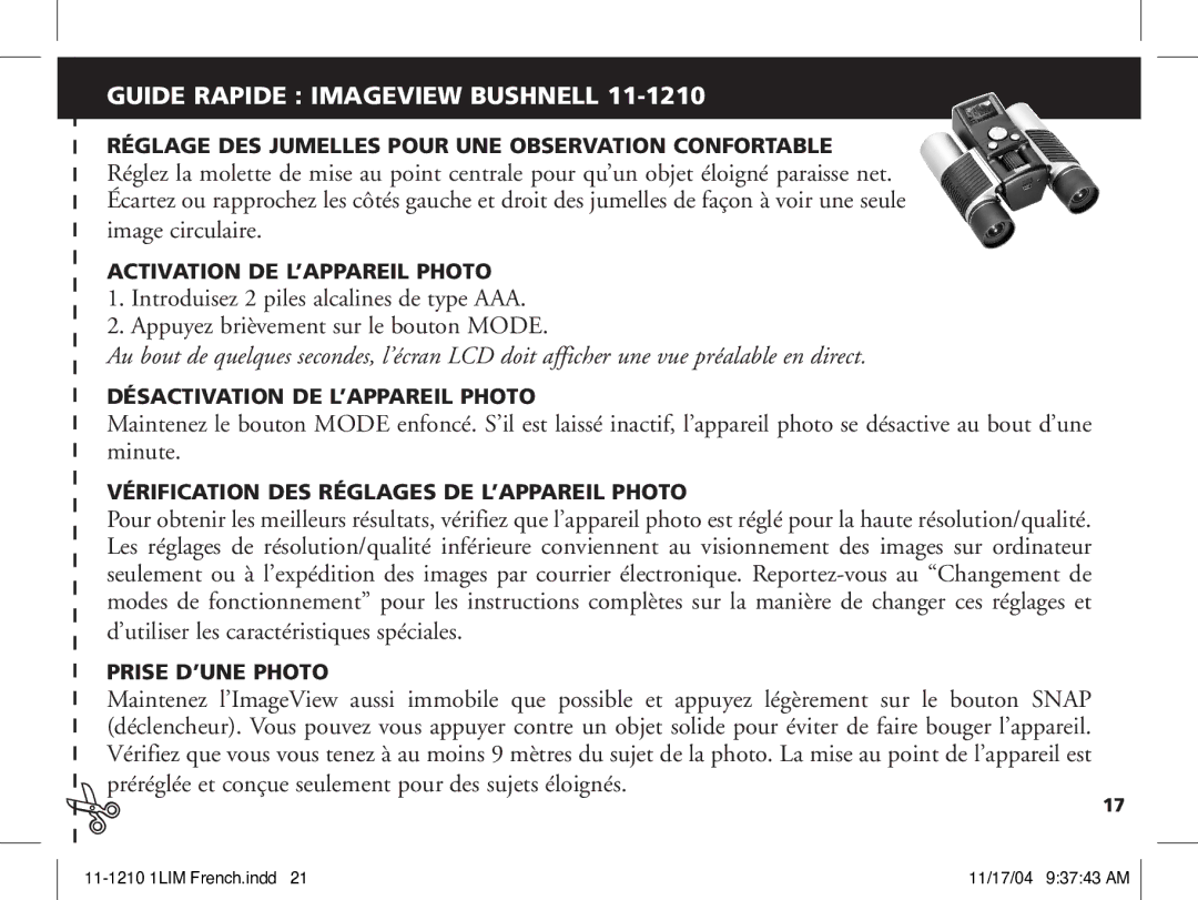 Bushnell 11-1210 manual Guide Rapide Imageview Bushnell 