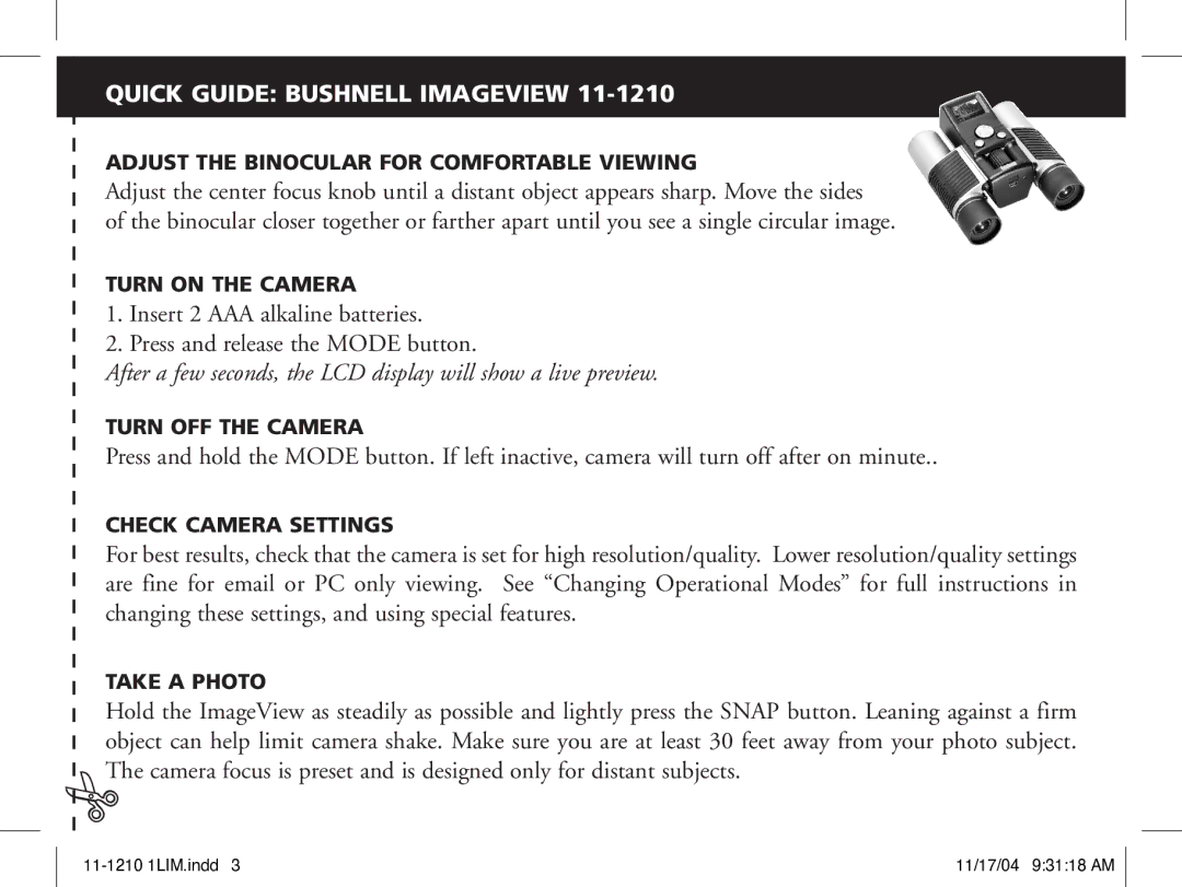 Bushnell 11-1210 manual Quick Guide Bushnell Imageview 