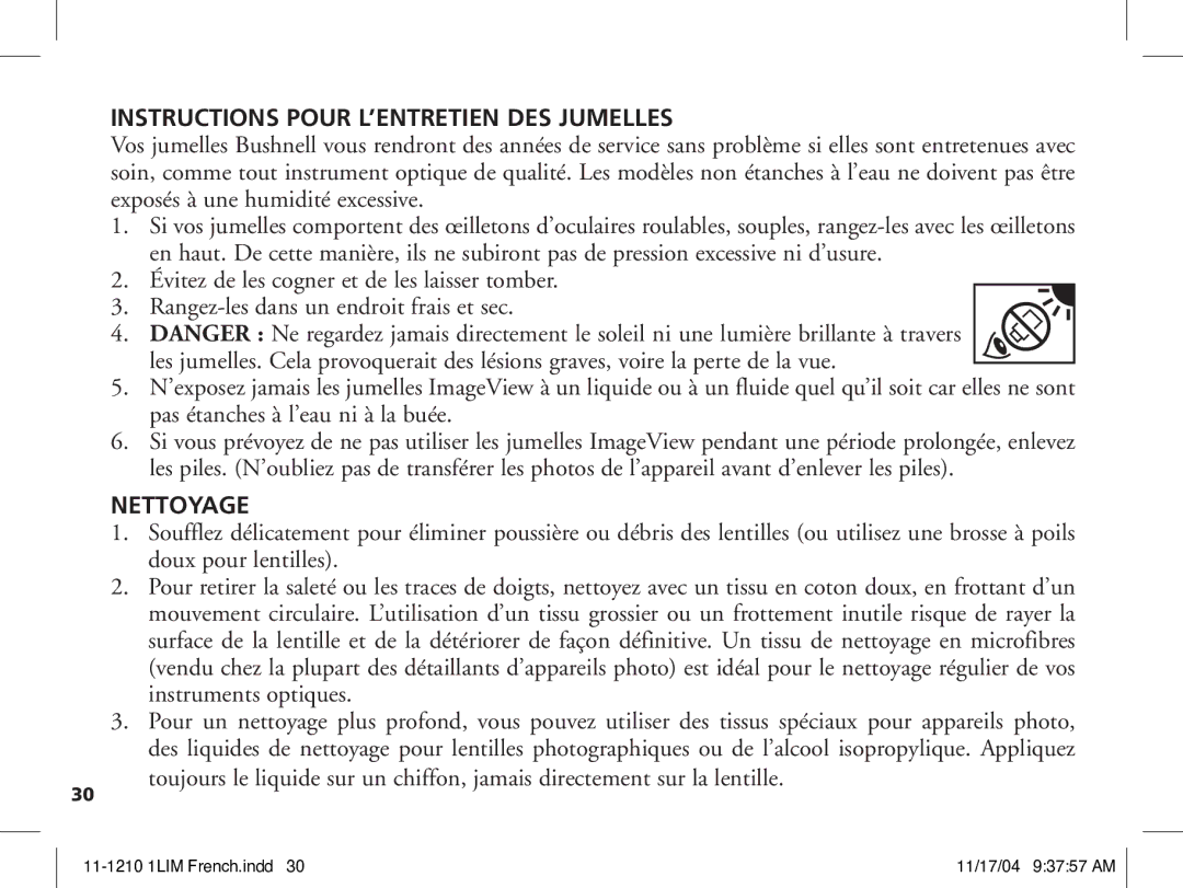 Bushnell 11-1210 manual Instructions Pour L’ENTRETIEN DES Jumelles, Nettoyage 