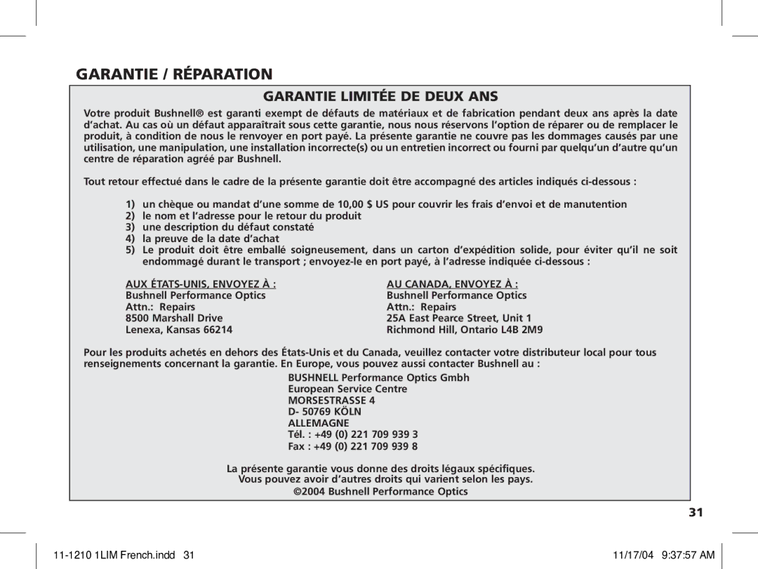 Bushnell 11-1210 manual Garantie / Réparation, Garantie Limitée DE Deux ANS 