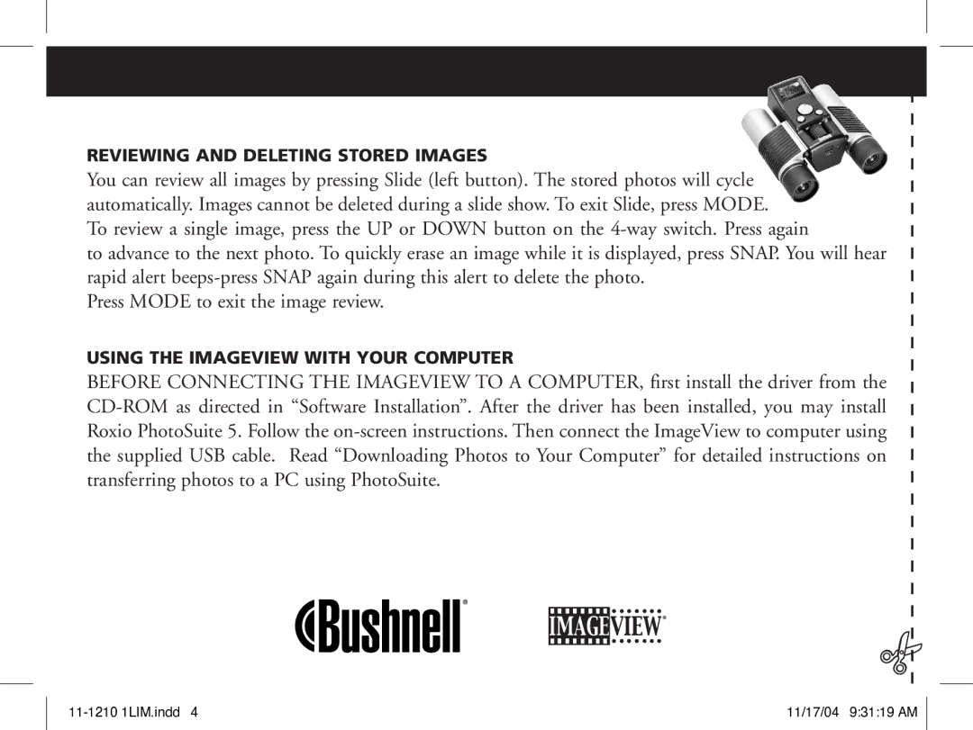 Bushnell 11-1210 manual Press Mode to exit the image review, Reviewing and Deleting Stored Images 