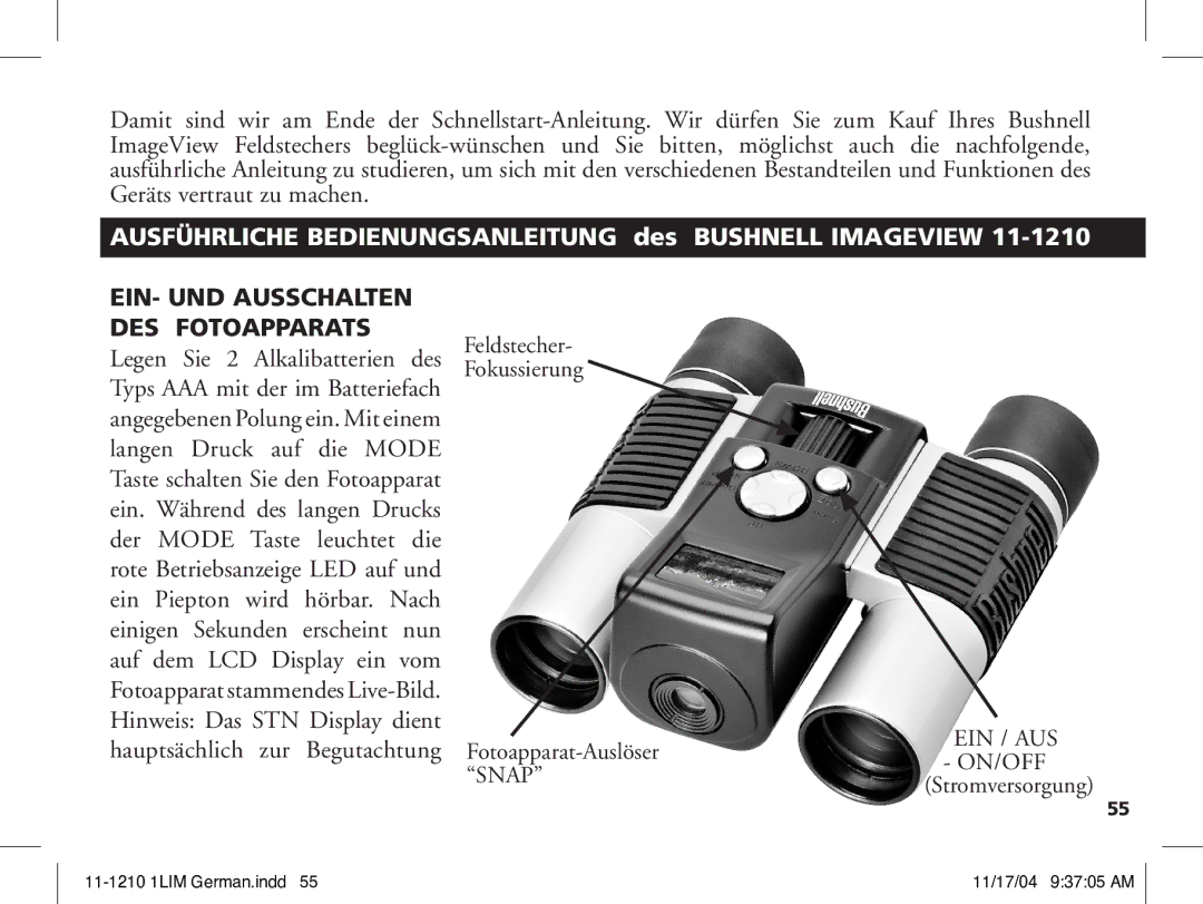 Bushnell 11-1210 manual EIN- UND Ausschalten DES Fotoapparats, Ein / Aus On/Off 