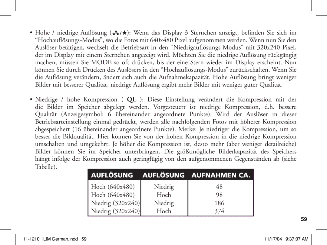 Bushnell 11-1210 manual Auflösung, Niedrig Hoch, Aufnahmen CA, 186 374 