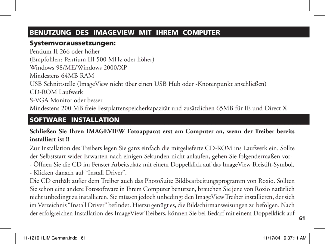 Bushnell 11-1210 Benutzung DES Imageview MIT Ihrem Computer, Systemvoraussetzungen, Klicken danach auf Install Driver 