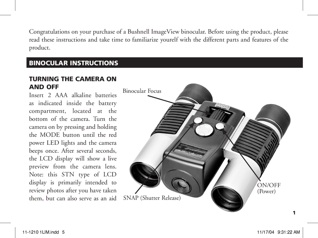 Bushnell 11-1210 manual Binocular Instructions, Turning the Camera on and OFF 