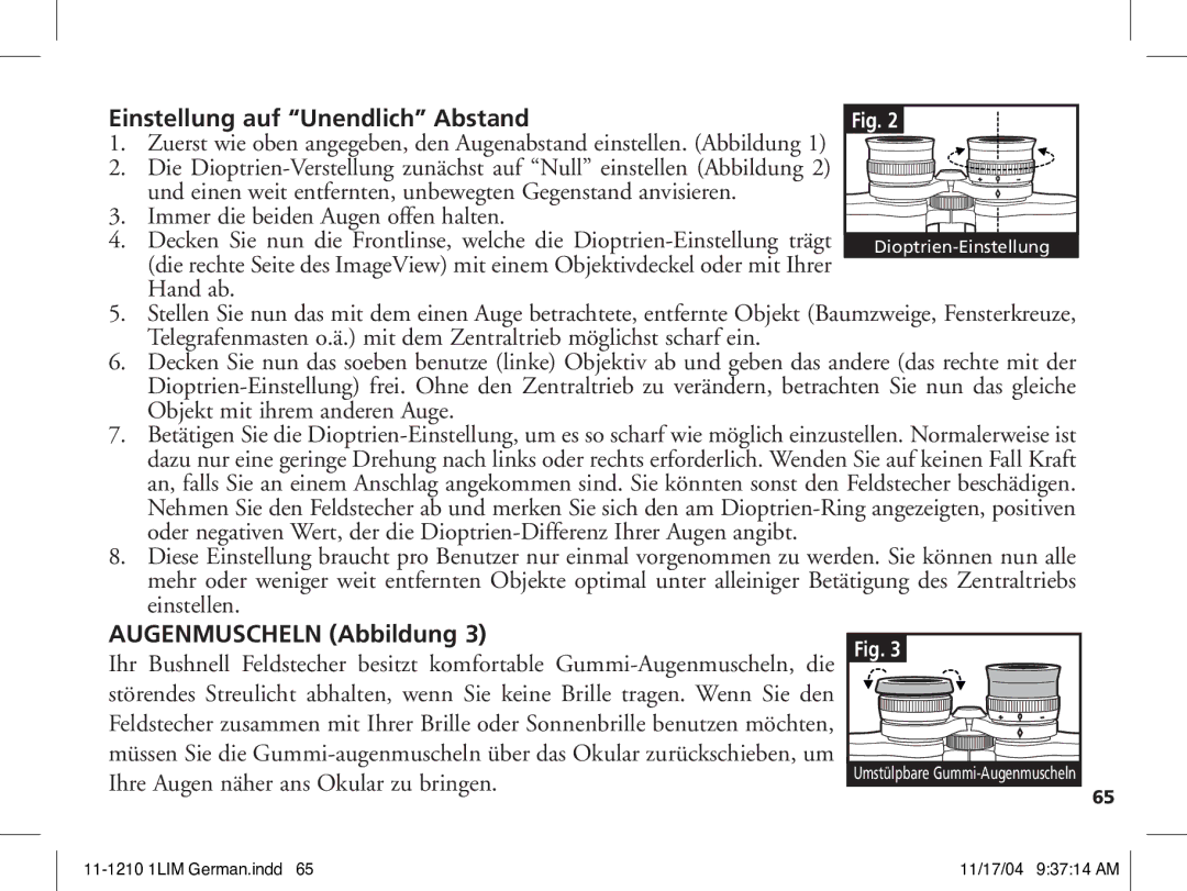 Bushnell 11-1210 manual Einstellung auf Unendlich Abstand, Augenmuscheln Abbildung 