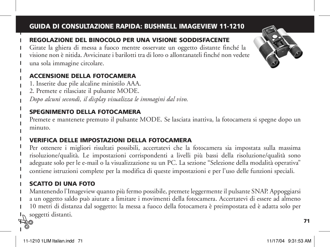 Bushnell 11-1210 manual Guida DI Consultazione Rapida Bushnell Imageview 