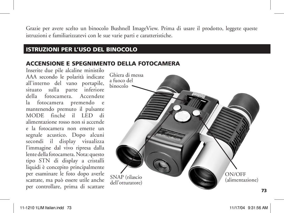 Bushnell 11-1210 manual Istruzioni PER L’USO DEL Binocolo 