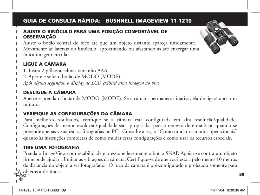 Bushnell 11-1210 manual Guia DE Consulta Rápida Bushnell Imageview, Objetos a distância 