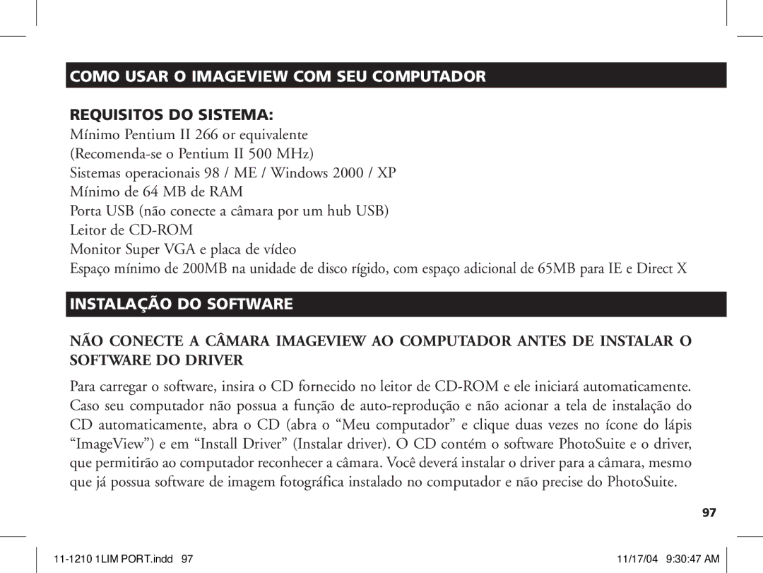 Bushnell 11-1210 manual Como Usar O Imageview COM SEU Computador, Instalação do Software 