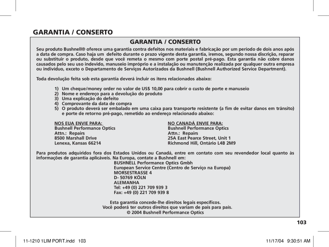 Bushnell 11-1210 manual Garantia / Conserto 