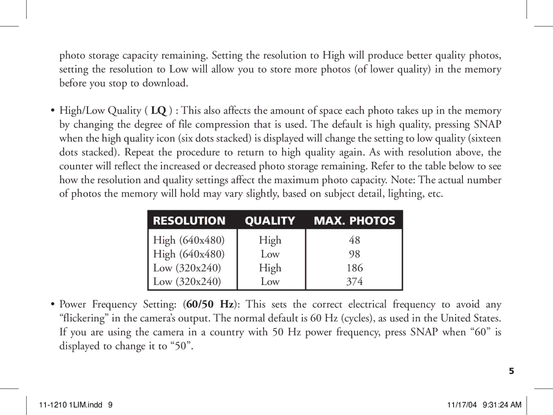 Bushnell 11-1210 manual Resolution, High Low, Quality, MAX. Photos 