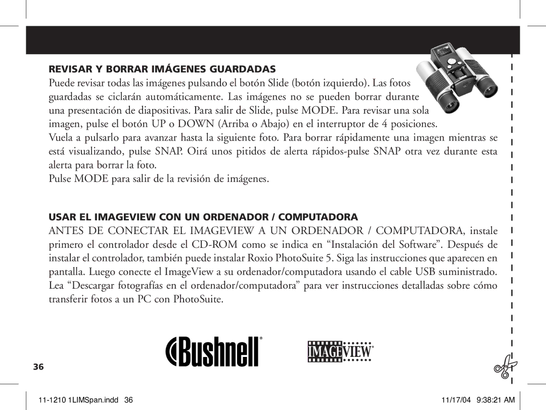 Bushnell 11-1210 manual Revisar Y Borrar Imágenes Guardadas, Usar EL Imageview CON UN Ordenador / Computadora 