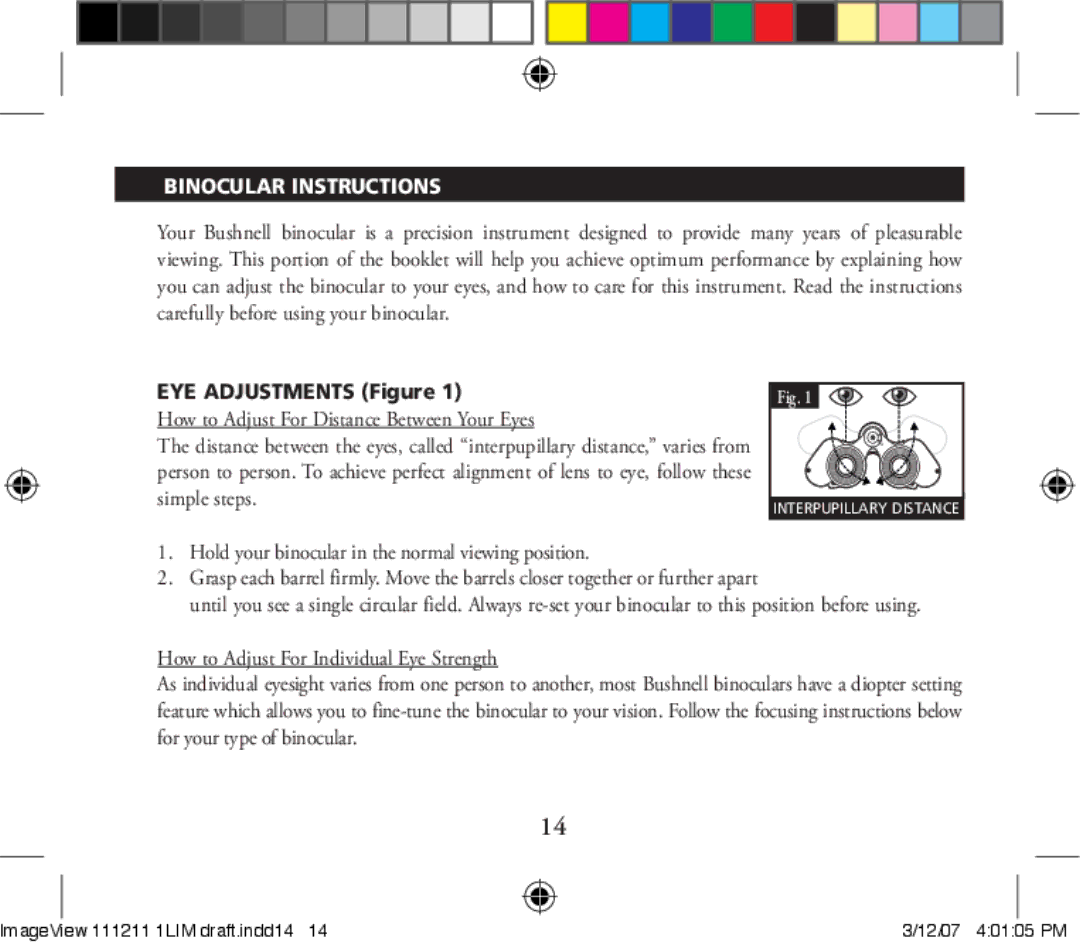 Bushnell 11-1211 instruction manual Binocular Instructions 