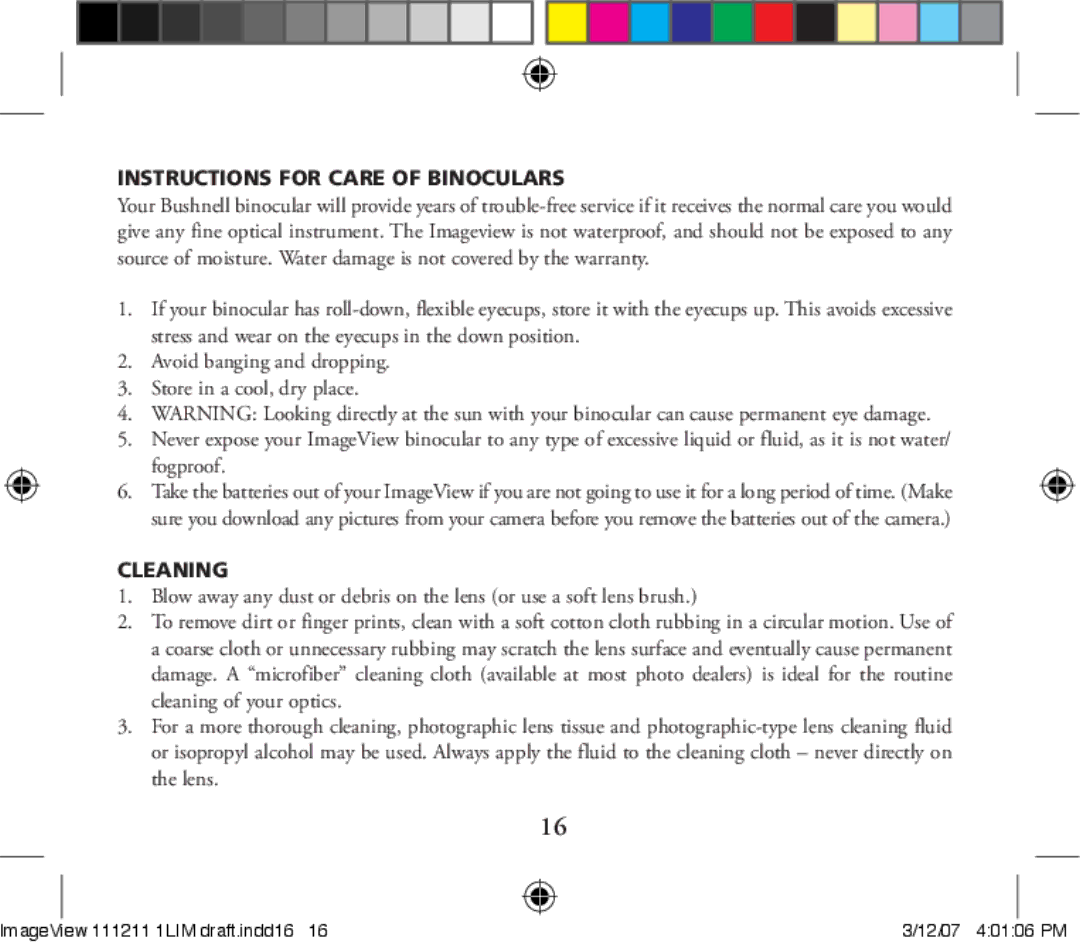 Bushnell 11-1211 instruction manual Instructions for Care of Binoculars 