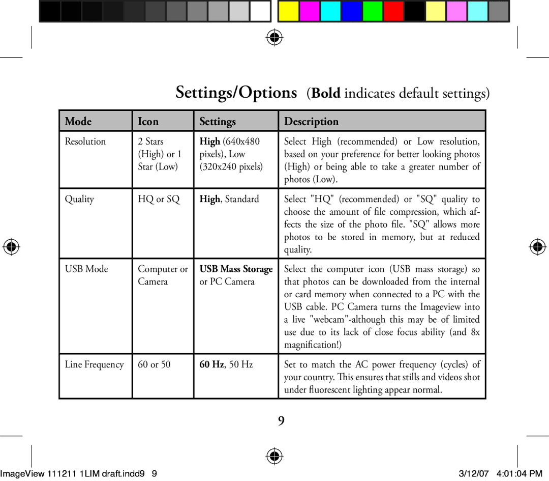 Bushnell 11-1211 instruction manual Settings/Options Bold indicates default settings 