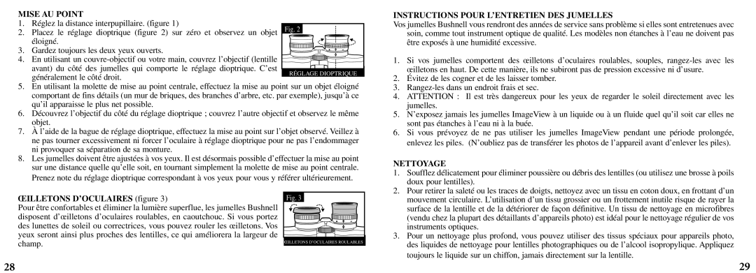 Bushnell 11-8200 manual Mise AU Point, Instructions Pour L’ENTRETIEN DES Jumelles, Nettoyage, Œilletons D’OCULAIRES figure 