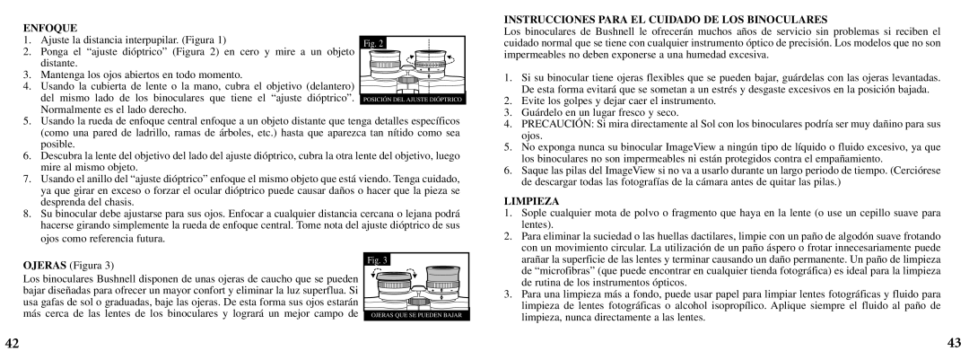 Bushnell 11-8200 manual Enfoque, Instrucciones Para EL Cuidado DE LOS Binoculares, Limpieza 