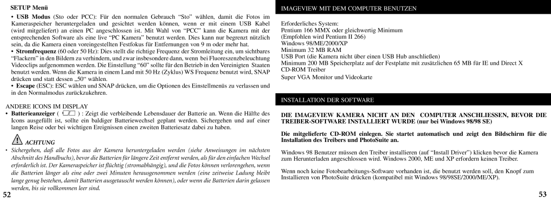 Bushnell 11-8200 manual Setup Menü, Imageview MIT DEM Computer Benutzen, Installation DER Software 