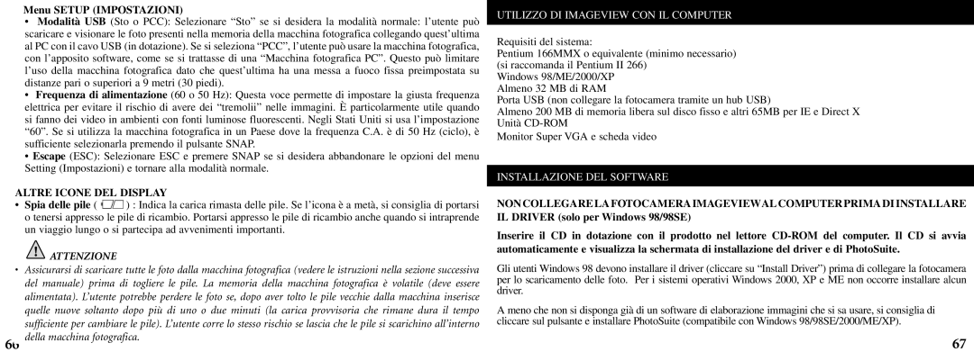 Bushnell 11-8200 manual Menu Setup Impostazioni, Altre Icone DEL Display, Utilizzo DI Imageview CON IL Computer 