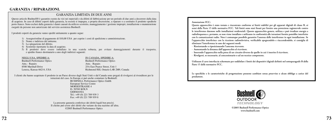 Bushnell 11-8200 manual Garanzia / Riparazioni, Garanzia Limitata DI DUE Anni, Negli USA, Spedire a CANADA, Spedire a 