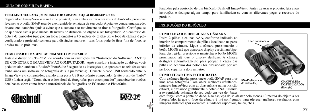 Bushnell 11-8200 manual Guia DE Consulta Rápida, Instruções do Binóculo, Como Ligar E Desligar a Câmara 