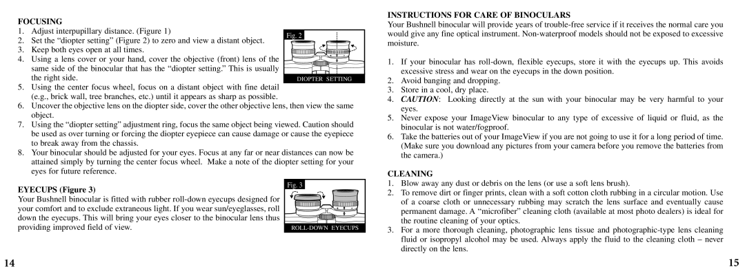 Bushnell 11-8200 manual Focusing, Instructions for Care of Binoculars, Cleaning, Eyecups Figure 