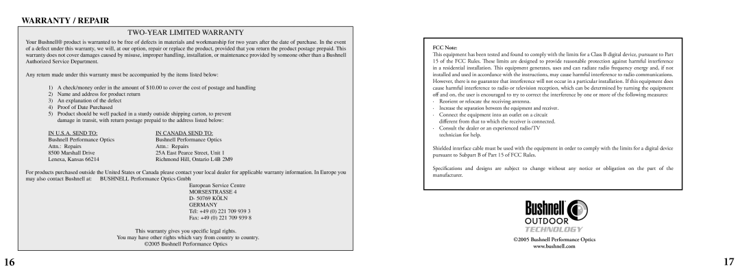 Bushnell 11-8200 manual Warranty / Repair, TWO-YEAR Limited Warranty, U.S.A. Send to Canada Send to 
