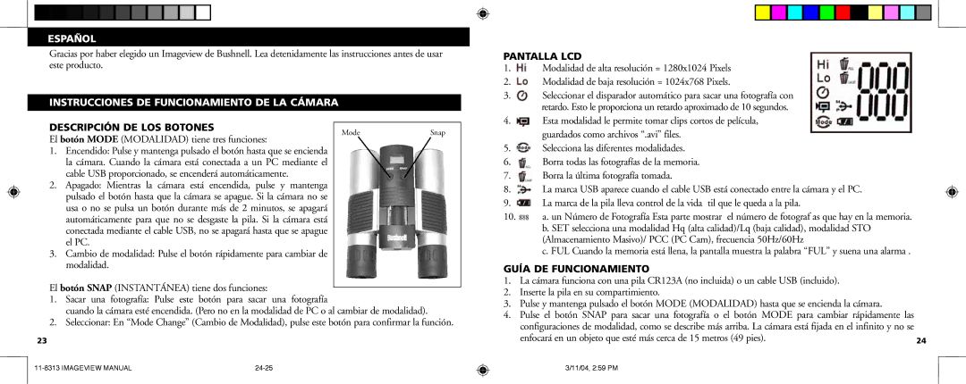 Bushnell 11-8313 manual Español, Instrucciones DE Funcionamiento DE LA Cámara, Descripción DE LOS Botones, Pantalla LCD 